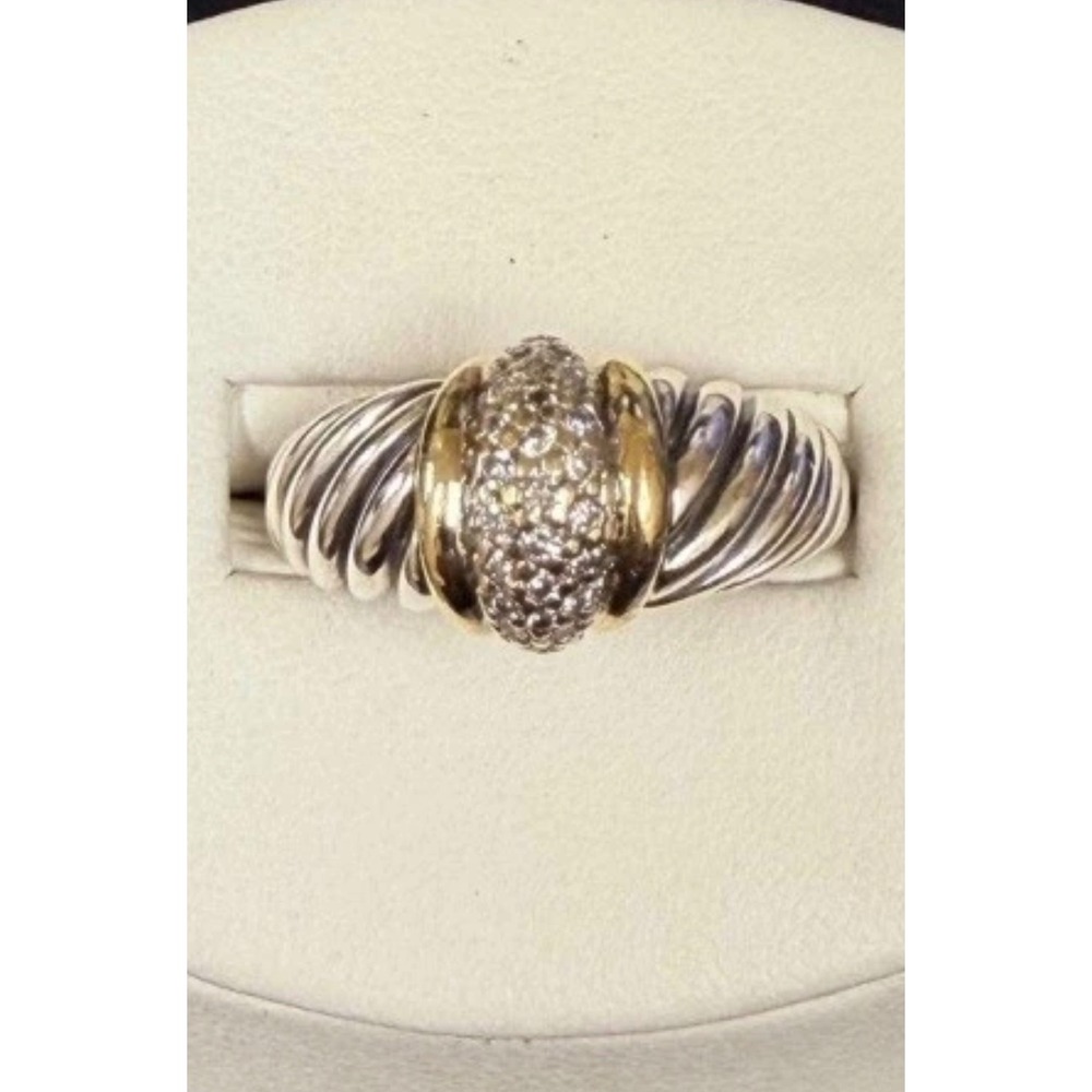 David Yurman Sterling Silver 18k Gold Pave Diamond Shrimp Cable Ring